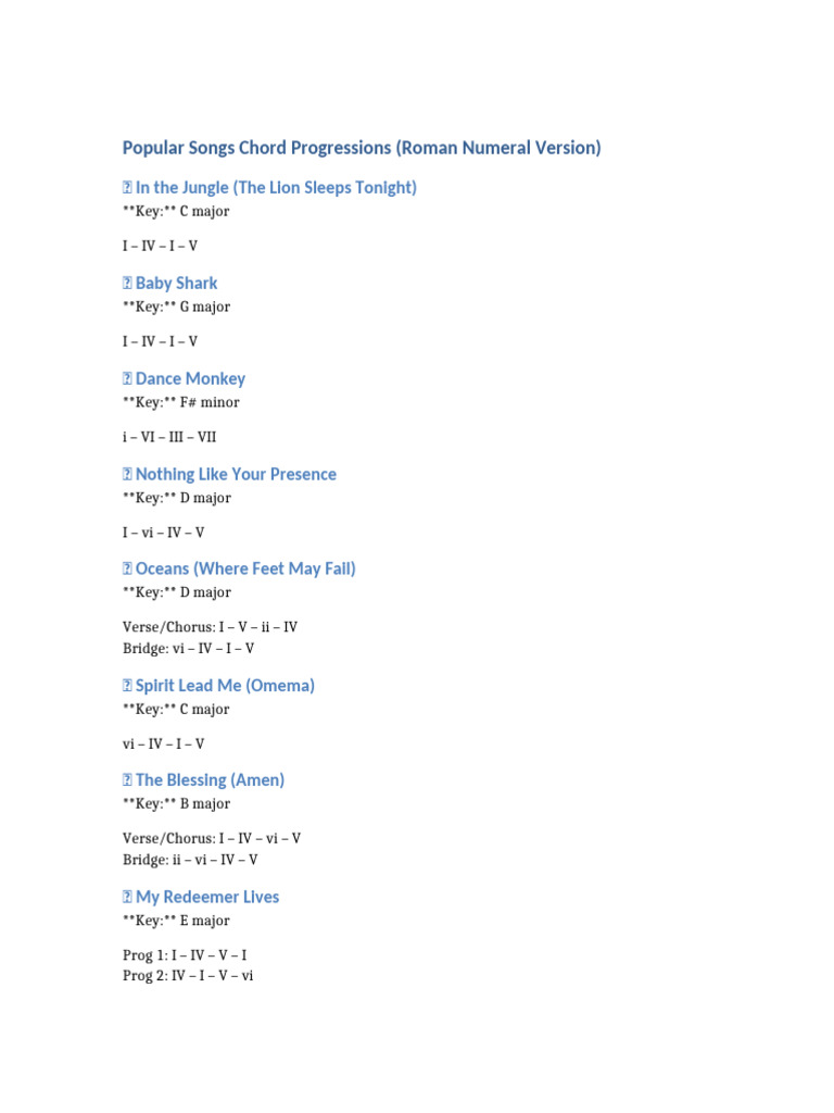 Popular Songs Chord Progressions (Roman Numerals) | PDF