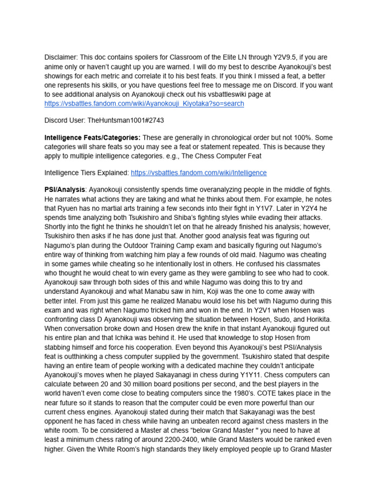 Ayanokouji's Intelligence Feats in COTE | PDF | Wechsler Adult ...