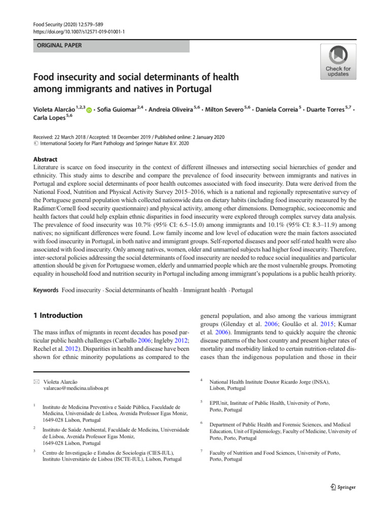 Alarcao 2020 Food Insecurity and Social Determin | PDF | Food Security ...