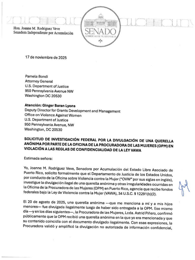 Letter To Attorney General - VAWA 11172025 Español | PDF | Violación ...