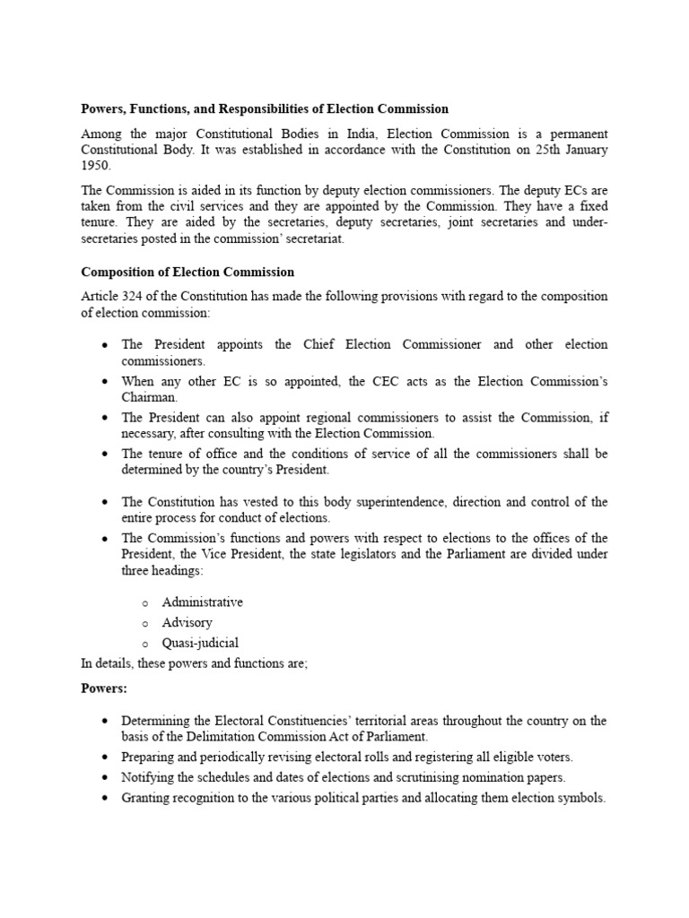 Election Commission: Powers and Functions | PDF | Political Corruption ...