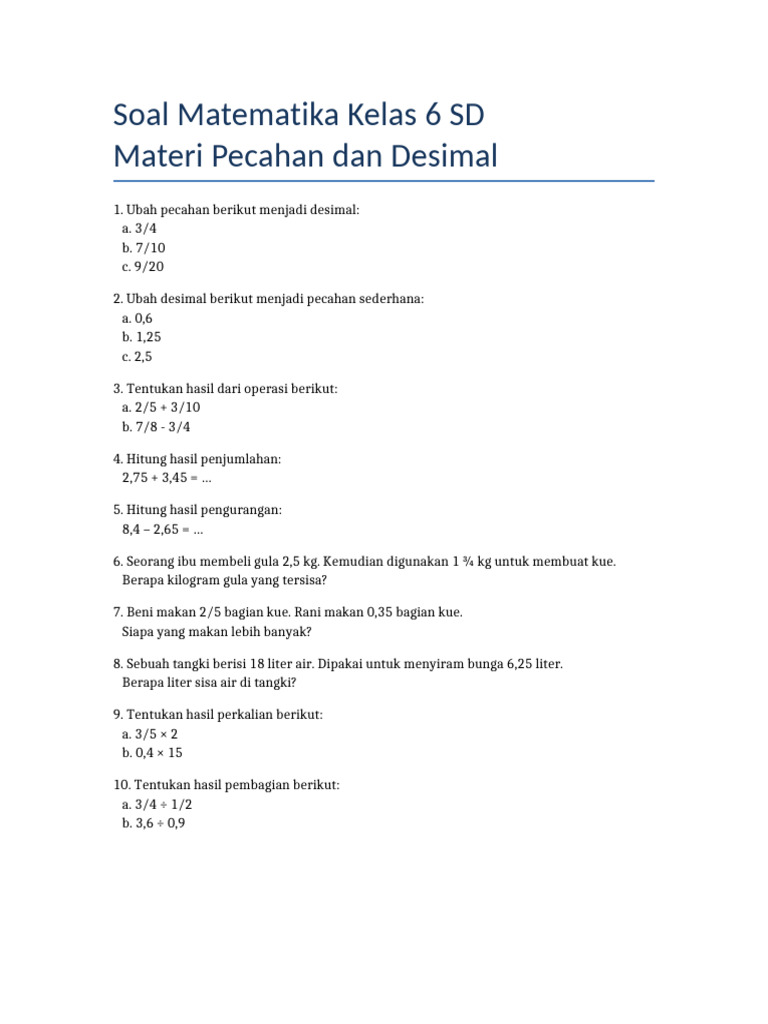 Soal Matematika Pecahan dan Desimal SD | PDF