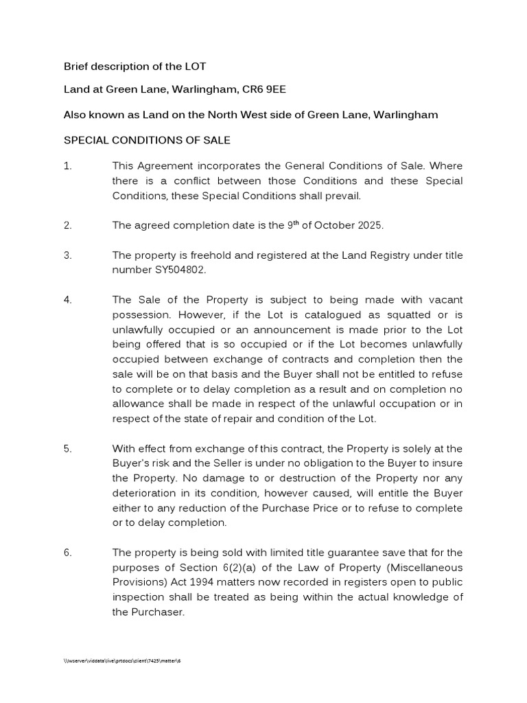 Special Conditions of Sale: Green Lane Lot | PDF | Indemnity | Covenant ...