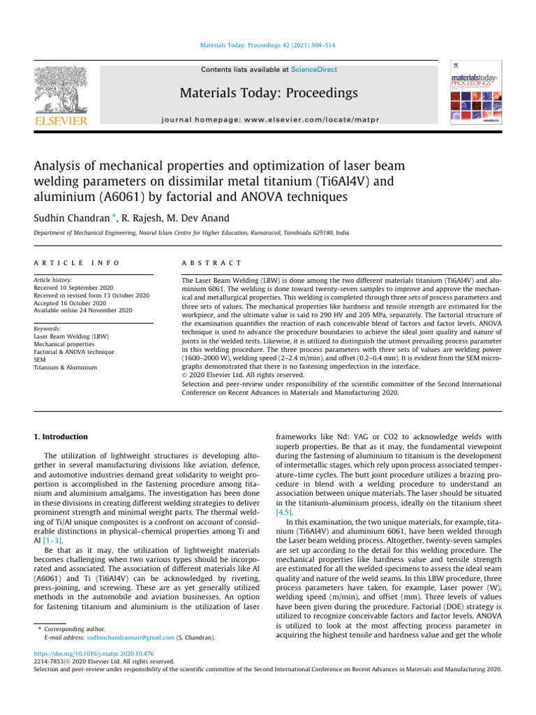 Analysis of Mechanical Properties and Optimization of Laser B 2021 ...