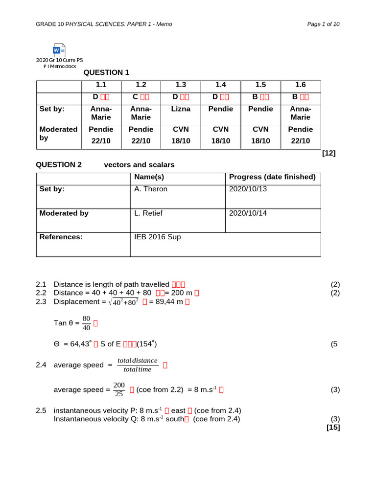Grade 10 Physical Sciences Paper 1 Memo | PDF | Speed | Velocity