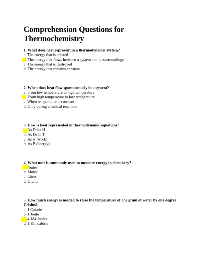 Thermochemistry Comprehension Questions | PDF