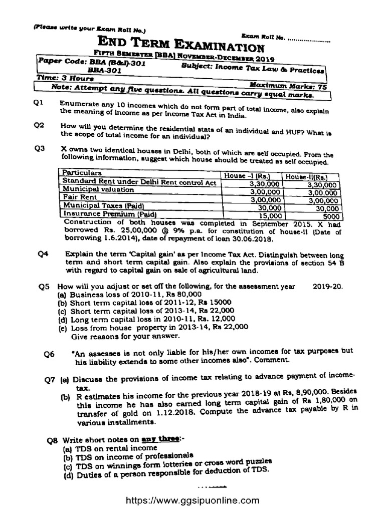 Bba 5 Sem Income Tax Law and Practices Bba Bandj 301 Dec 2019 | PDF