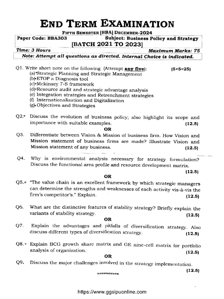 Bba 5 Sem Business Policy and Strategy Bba303 Dec 2024 | PDF