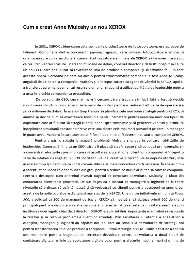 Cap. 1 Studiu de Caz - Cum A Creat Anne Mulcahy Un Nou Xerox | PDF