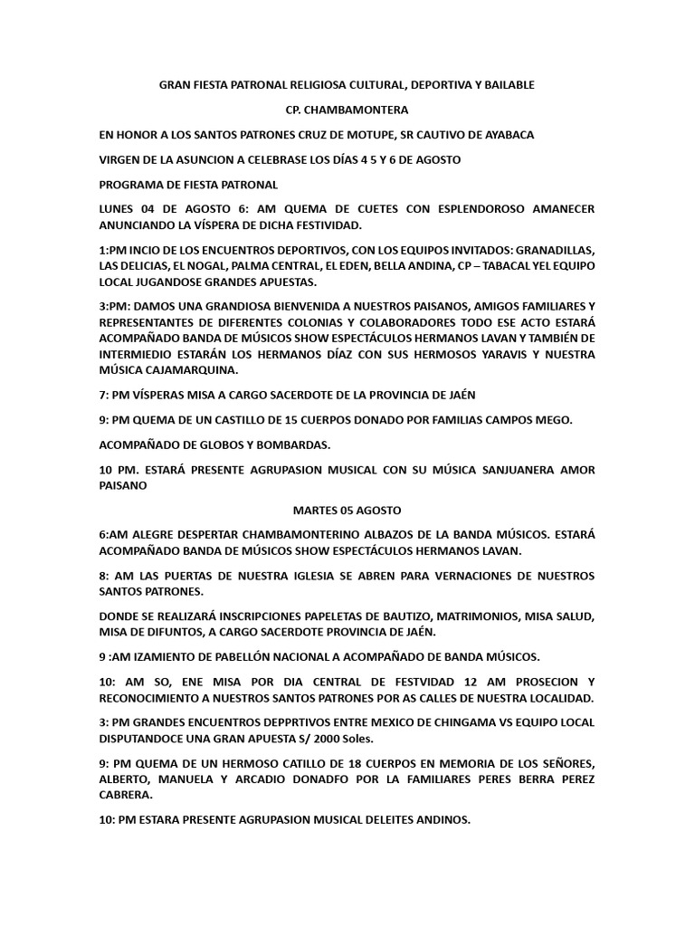 Fiesta Patronal en Chambamontera 2023 | PDF