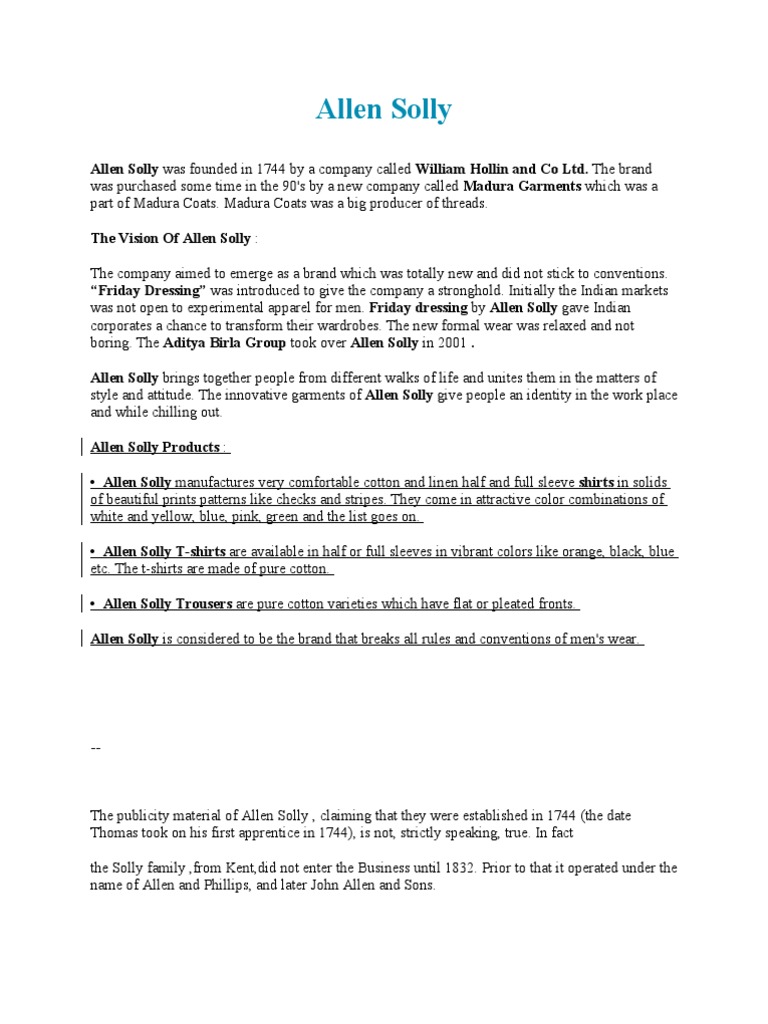 History and Evolution of Allen Solly | PDF | Brand | Clothing