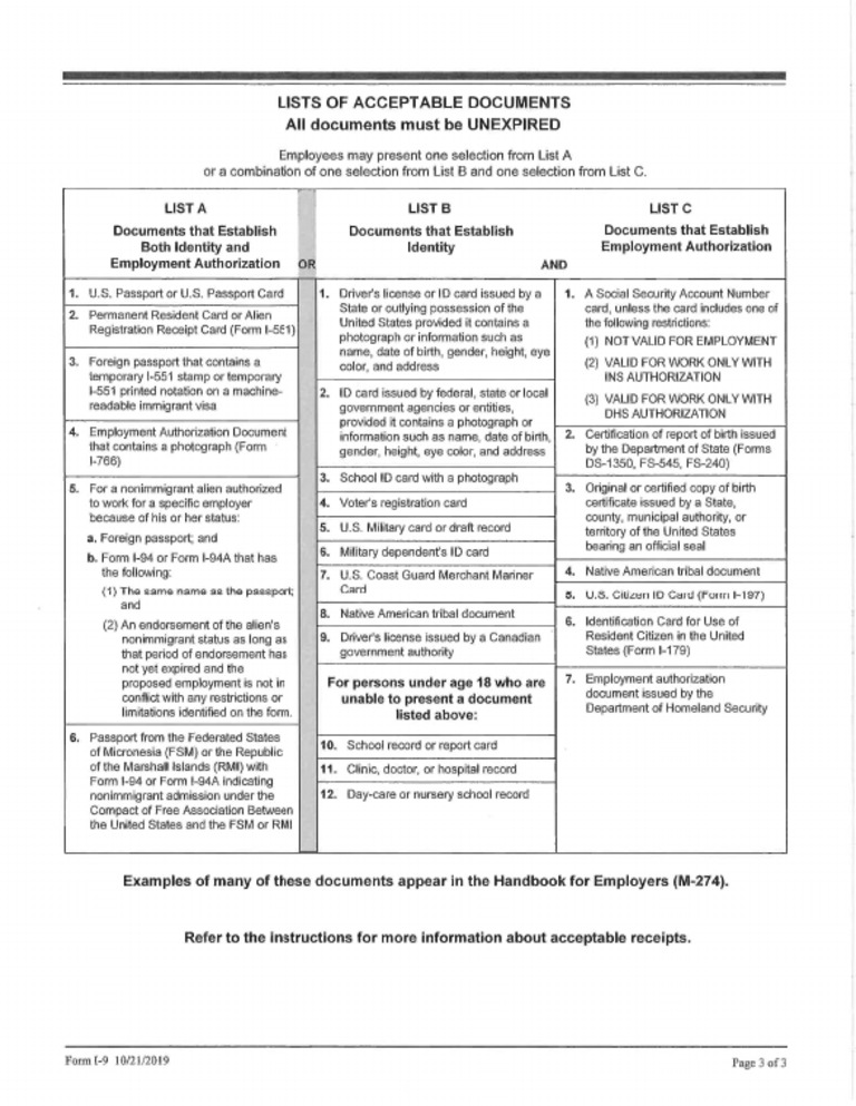 Form I9 Acceptable Documents | PDF