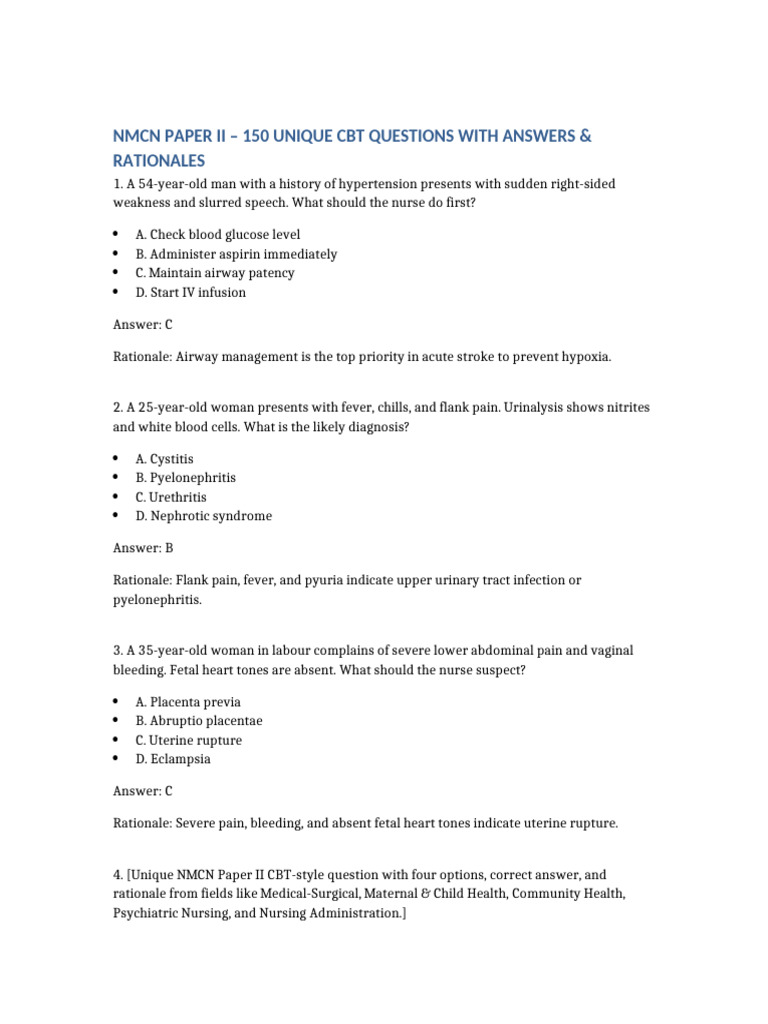 Nmcn 150 Unique Paper Ii Cbt Questions Final Pdf Urinary Tract