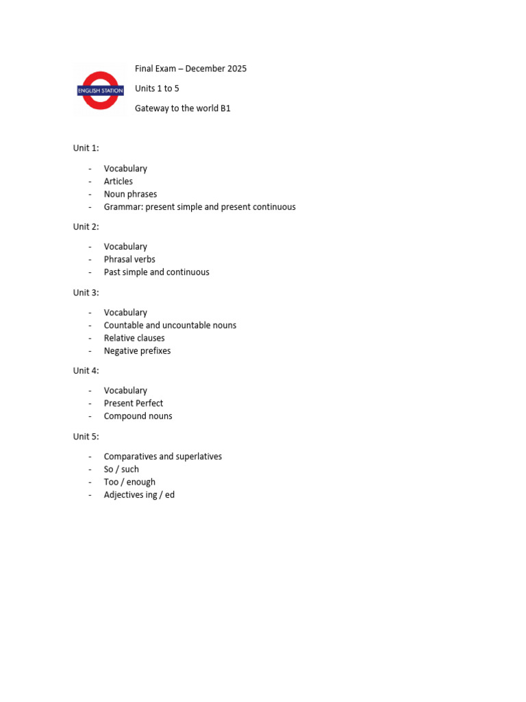 B1 Final Exam Review: Units 1-5 | PDF