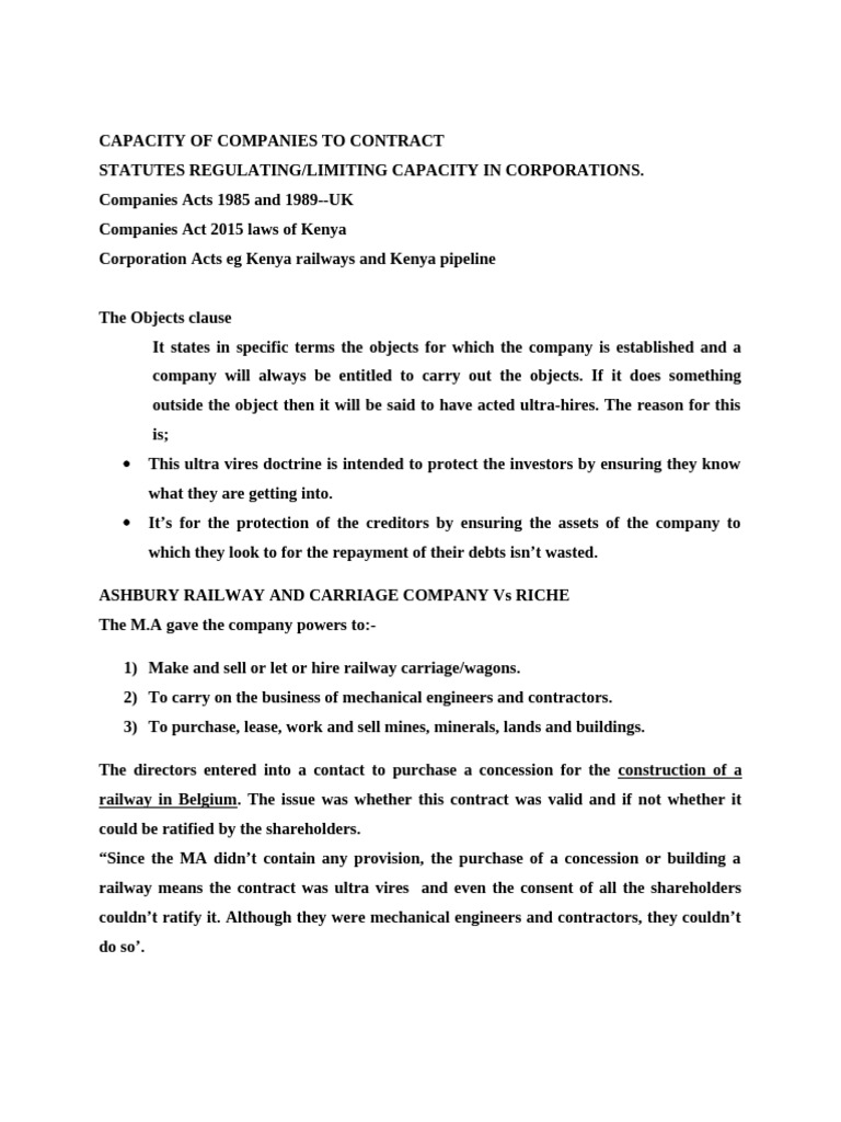 Company Contract Capacity and Ultra Vires | PDF | Business | Business Law