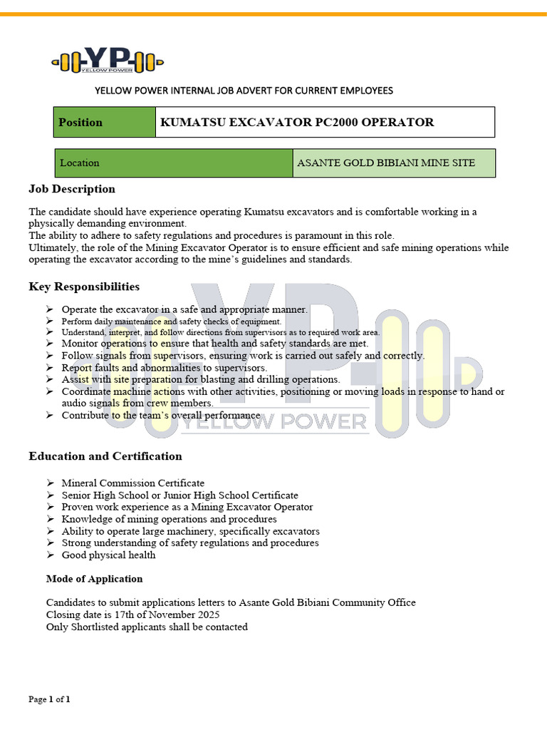YP Internal Advert - Kumatsu Excavator Operator | PDF