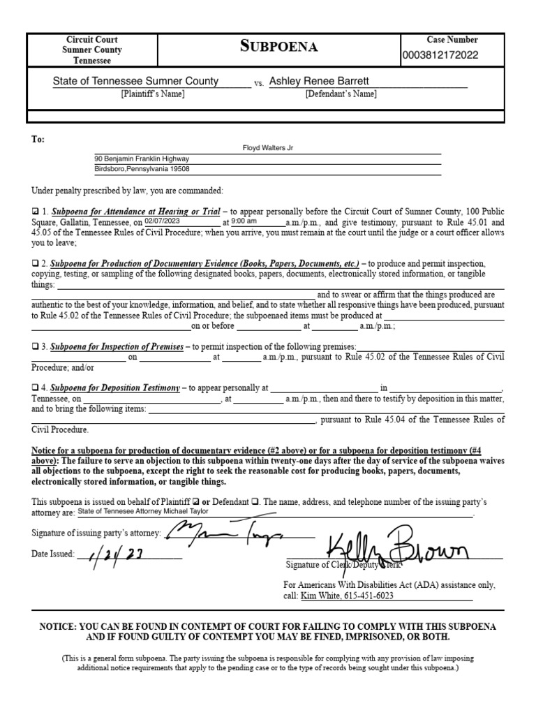 Sumner County Circuit Court Subpoena Form | PDF | Virginia Circuit ...