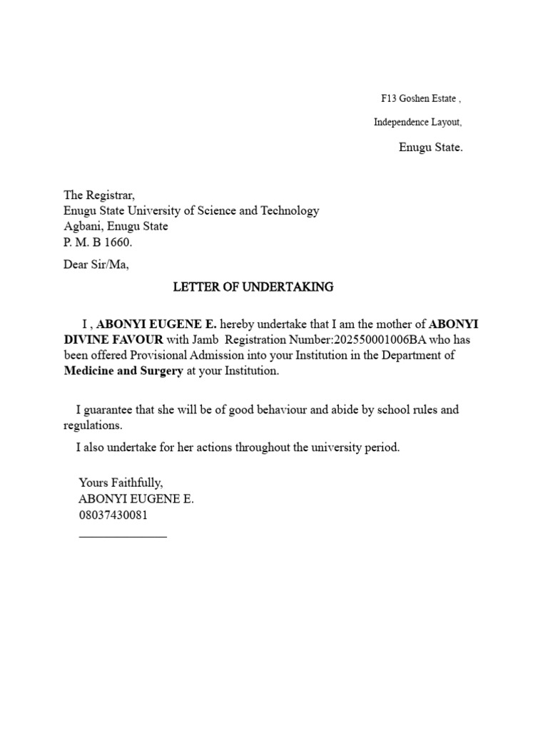 Undertaking Letter for Student Admission | PDF