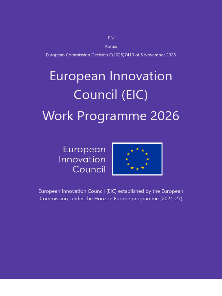 EIC Work Programme 2026 Overview | PDF | Innovation | Startup Company