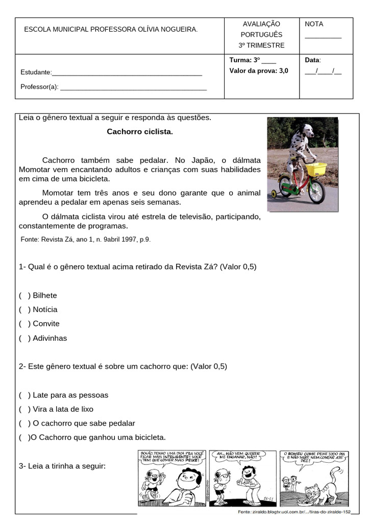 AValiação 2 de Português - 3 Ano | PDF