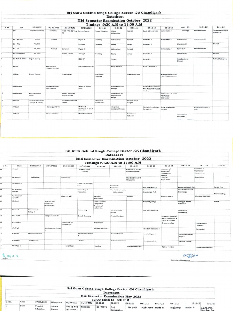 Mid Semester Exam Datesheet 2022 | PDF | Life Sciences | Physical Sciences