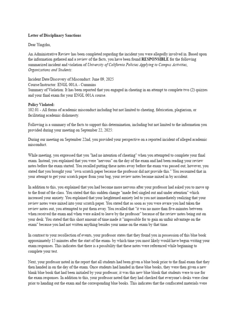 Letter of Disciplinary Sanctions | PDF | Academic Dishonesty