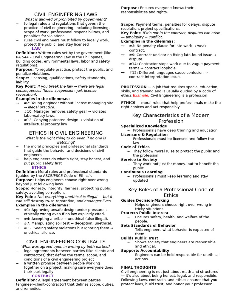 Civil Engineering Laws and Ethics Guide | PDF | Safety | Bribery