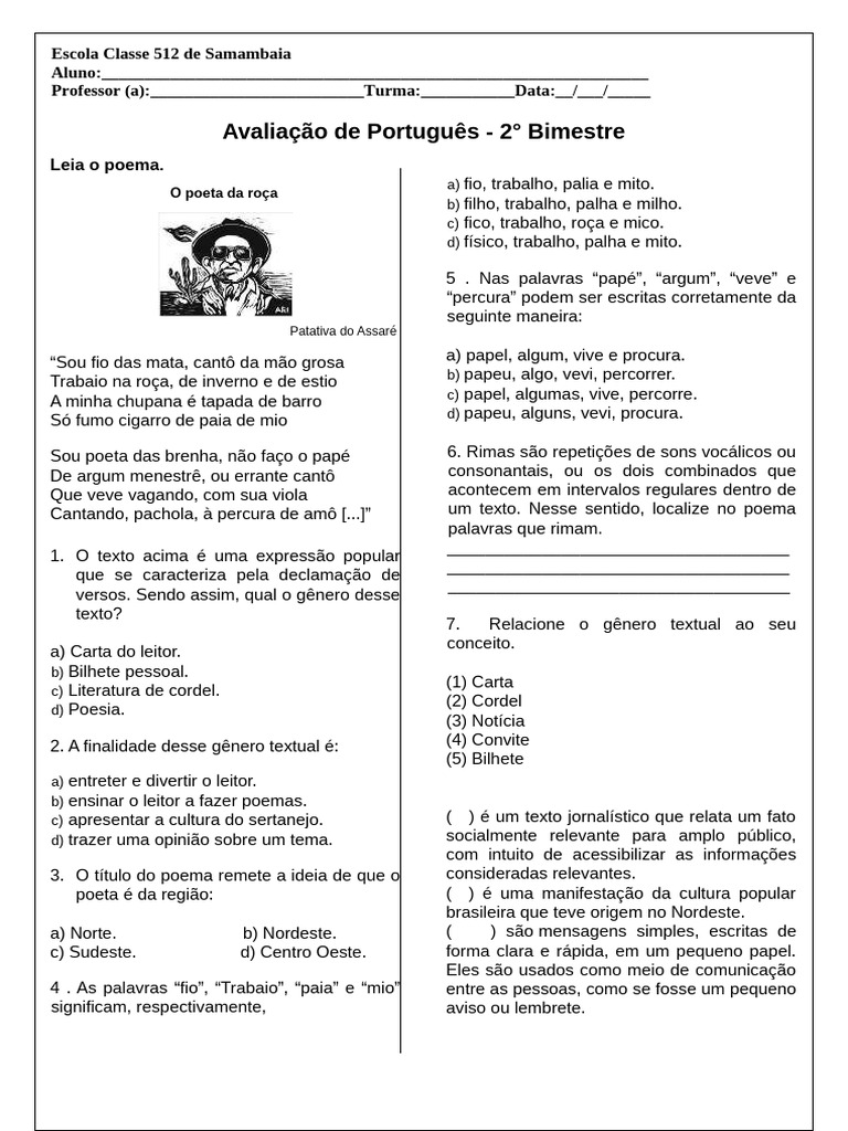 Avaliação de Português - 2° Bimestre | PDF | Comunicação | Famílias ...