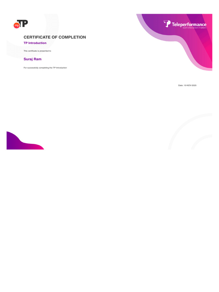 Certificate of Completion for TP Introduction | PDF