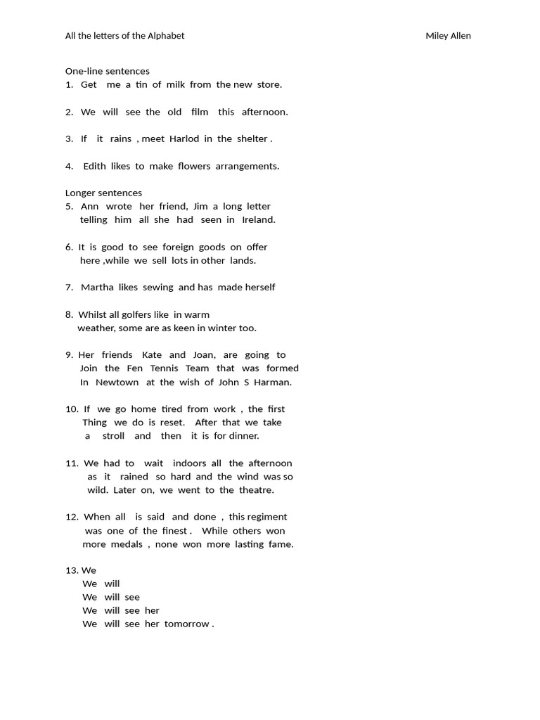 Alphabet Letters and Example Sentences | PDF