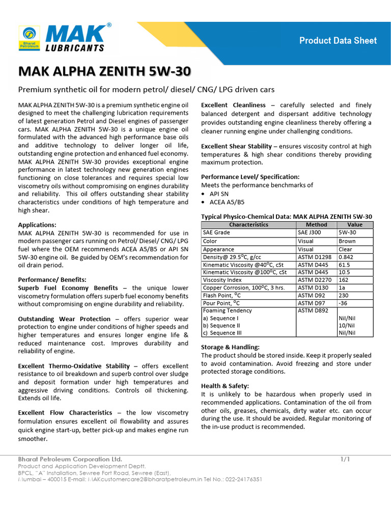 MAK ALPHA ZENITH 5W-30 Engine Oil Data | PDF | Motor Oil | Mechanical ...