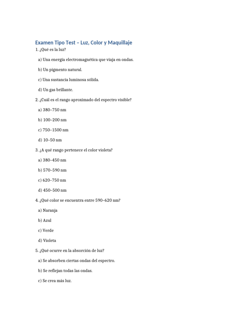 Examen Luz Color Maquillaje | PDF | Color | Amarillo