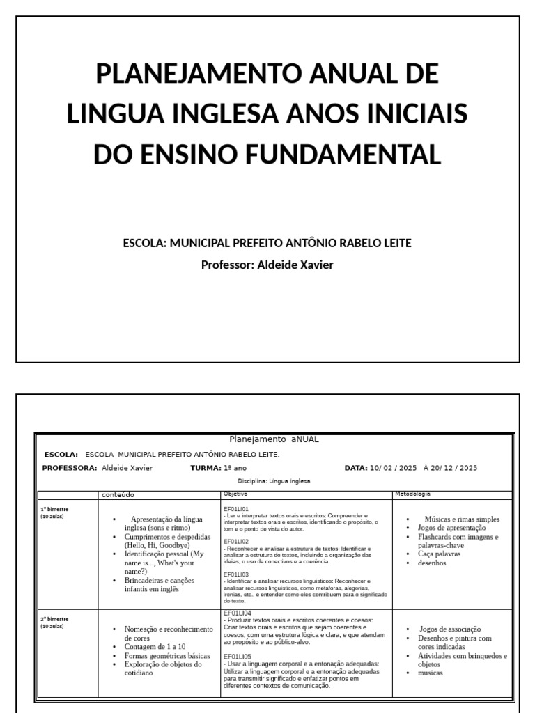 Planejamento Anual de Inglês 1º a 3º Ano | PDF | Linguística | Revisão