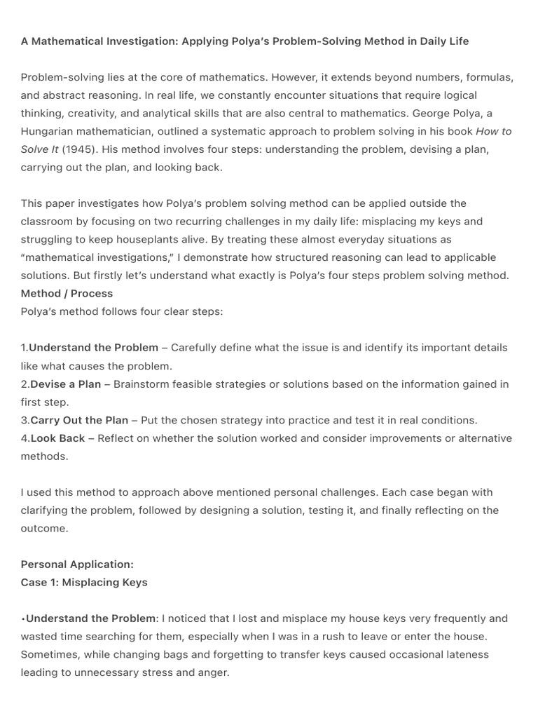 A Mathematical Investigation - Applying Polya's Problem-Solving Method ...