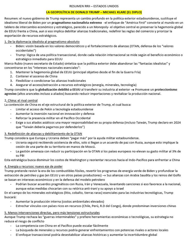 RESUMEN RRII - La geopolítica de Trump | PDF | Gobierno americano ...