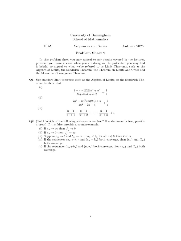 Sequences and Series Problem Sheet 2 | PDF | Algebra | Mathematical ...