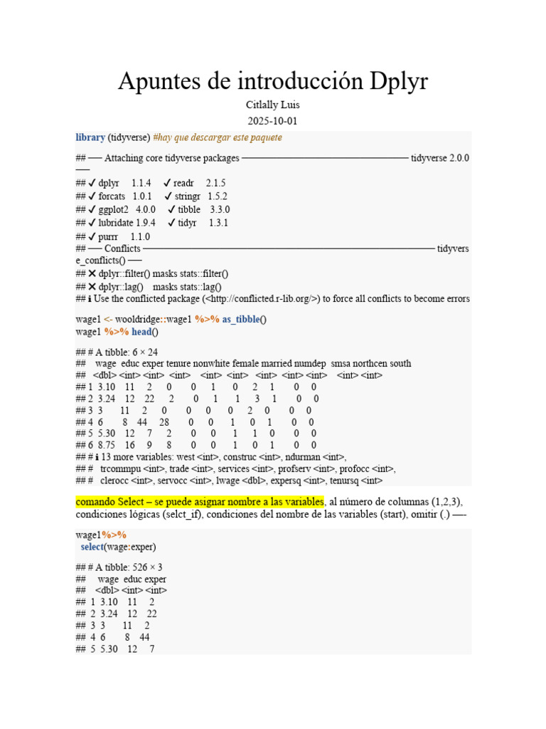Apuntes de Introduccion de Dplyr Del Video de 15 Min CALM | PDF ...