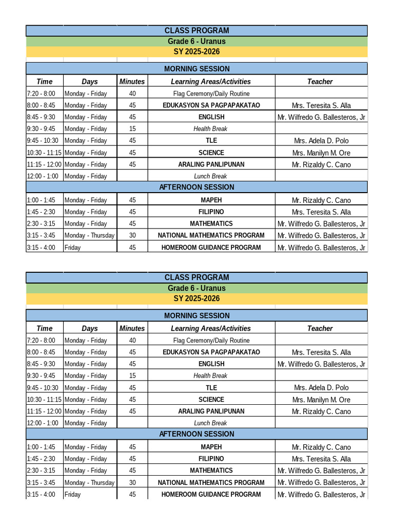 Class Program 2025-6 Uranus.xlsx | PDF