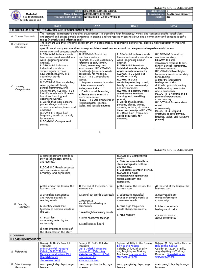 K to 10 Reading Lesson Plan | PDF | Narrative | Vocabulary