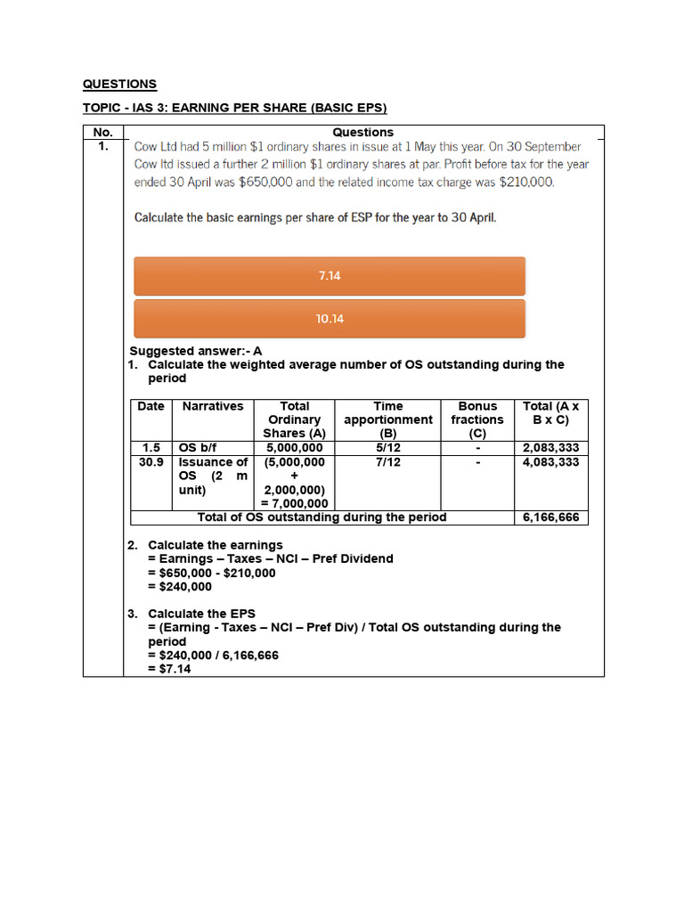 Excercise On Ias 33 - Earnings Per Share (Basic Eps) (Lect Copy) | PDF ...