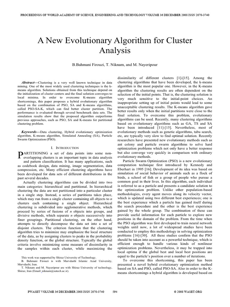 A New Evolutionary Algorithm For Cluster Analysis: B.Bahmani Firouzi, T ...