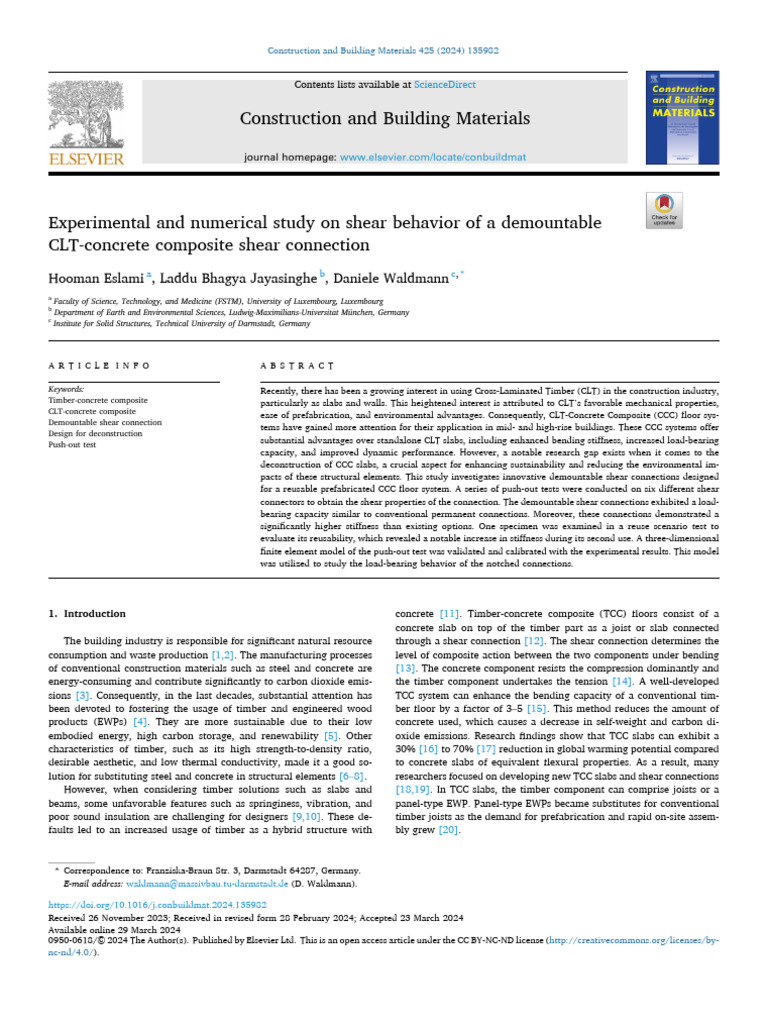 Experimental and Numerical Study On Shear Behavior of A Demountable CLT ...
