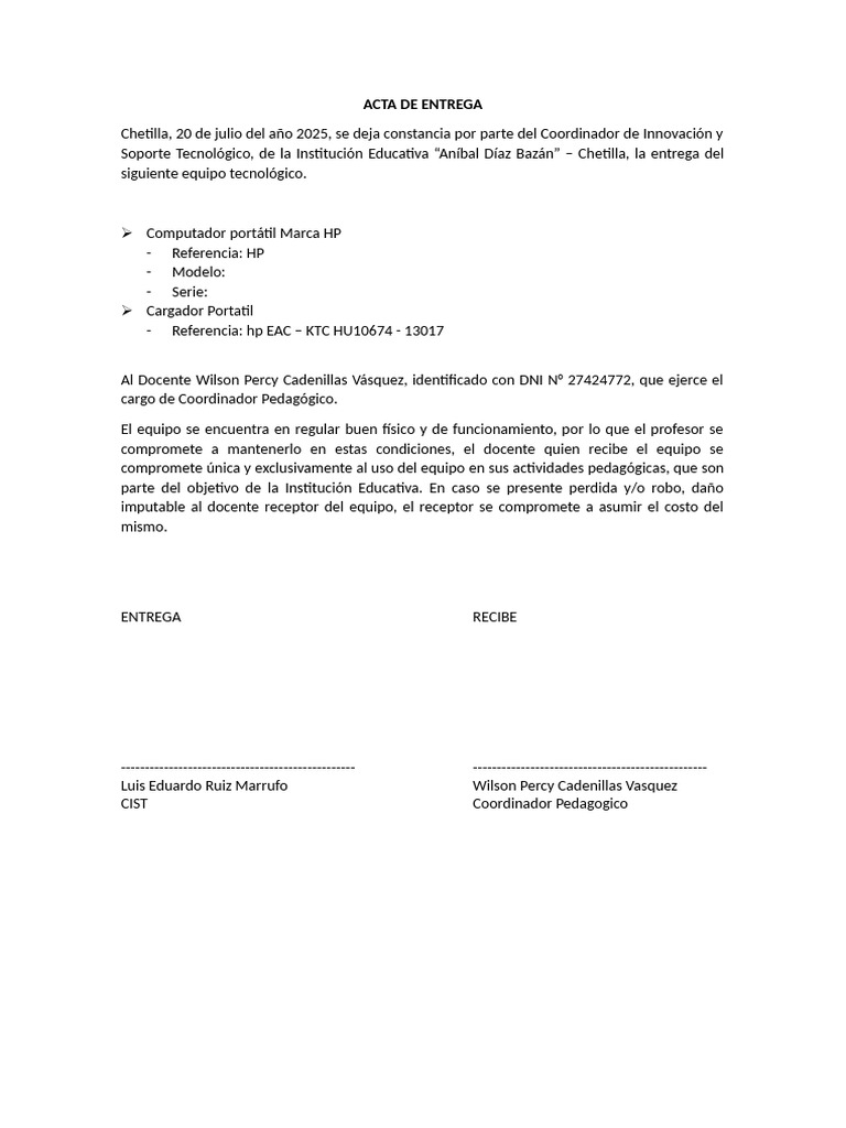 Acta de Entrega de Equipo Tecnológico | PDF