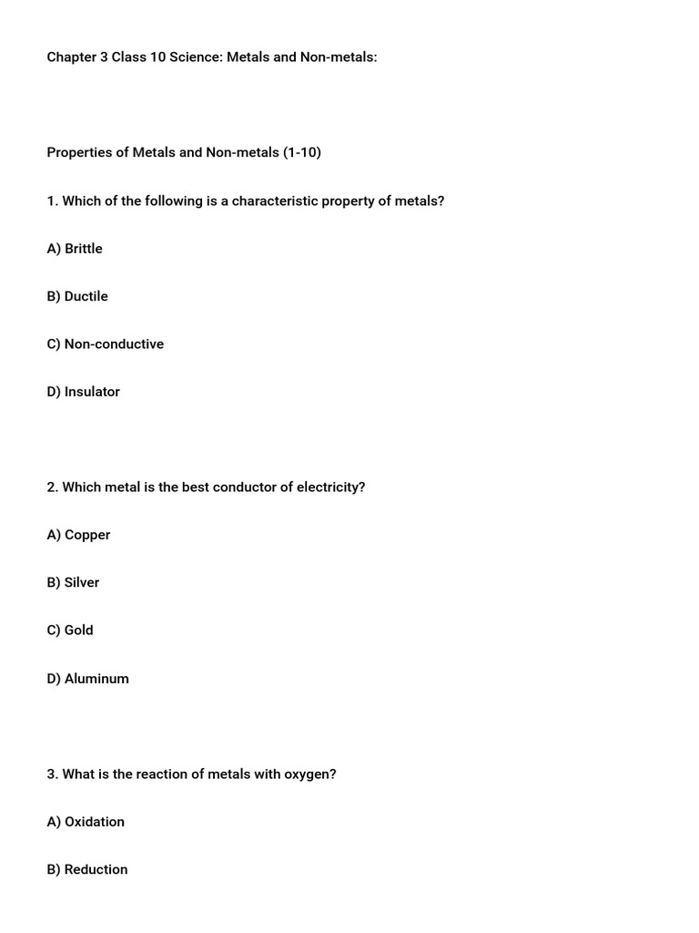 Metals and Non Metal PYQ's | PDF | Metals | Copper