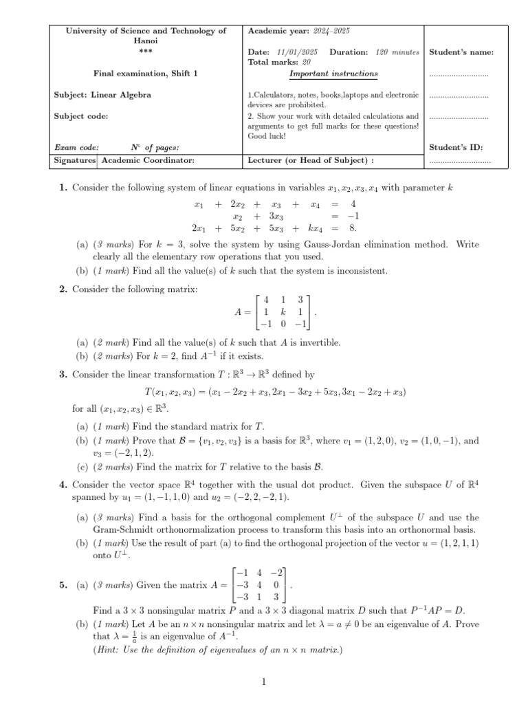 Linear Algebra Final Exam 2024-2025 | PDF | Eigenvalues And ...
