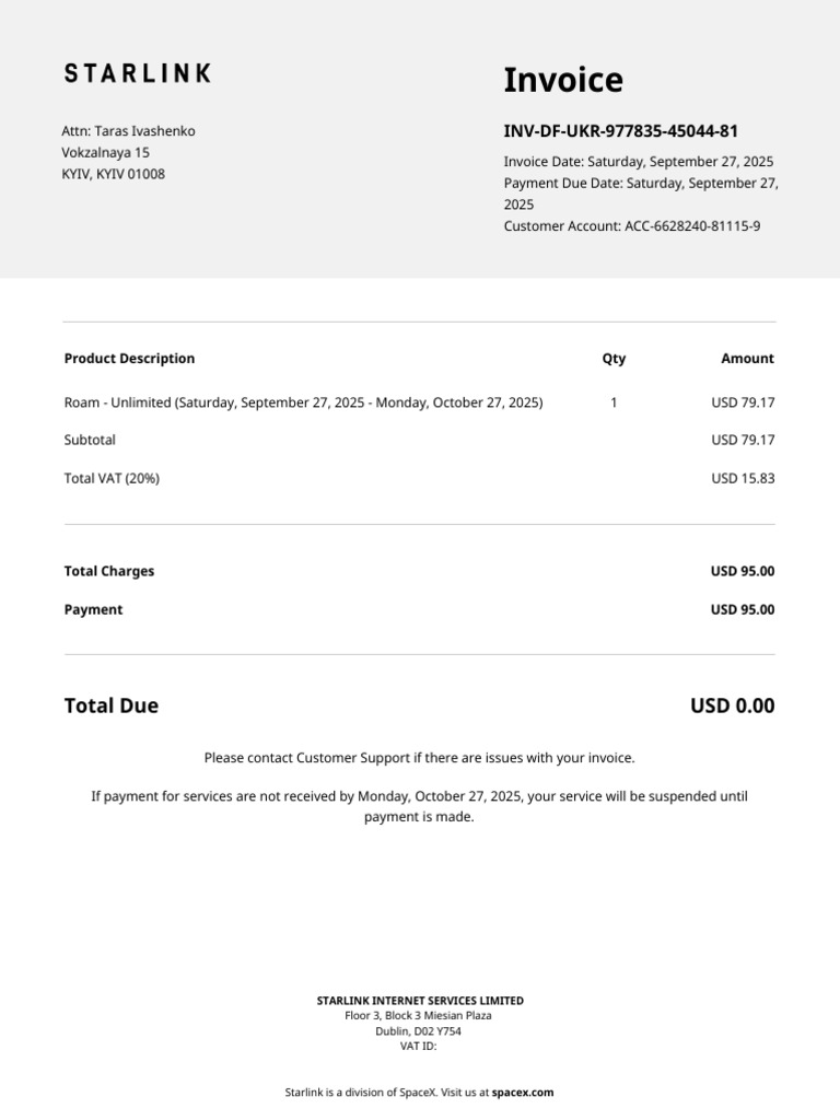 Starlink Invoice for Roam Unlimited Service | PDF | Invoice | Space ...