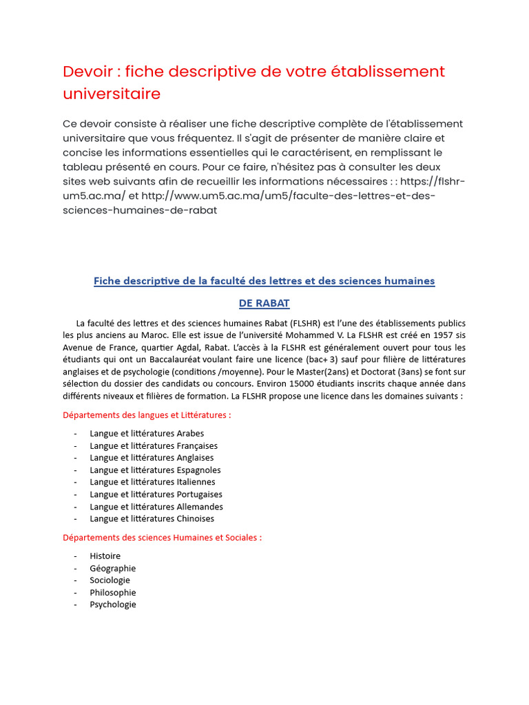 Fiche descriptive de la FLSHR Rabat | PDF | Science | Université