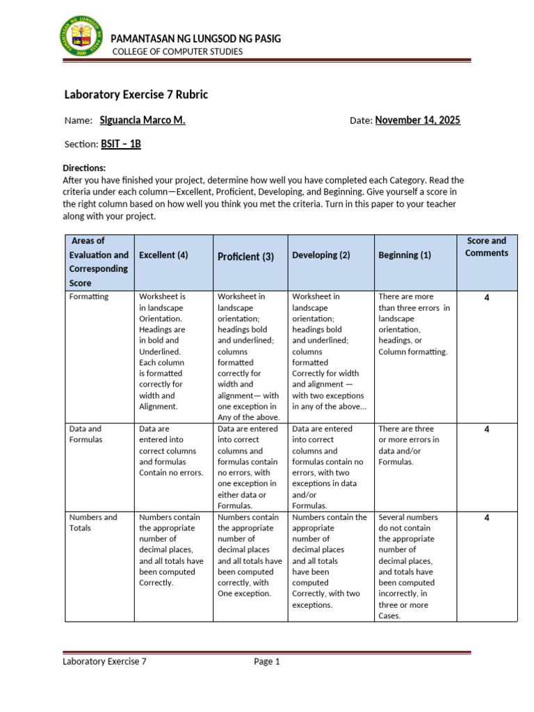 Laboratory Exercise 7 Evaluation Rubric | PDF
