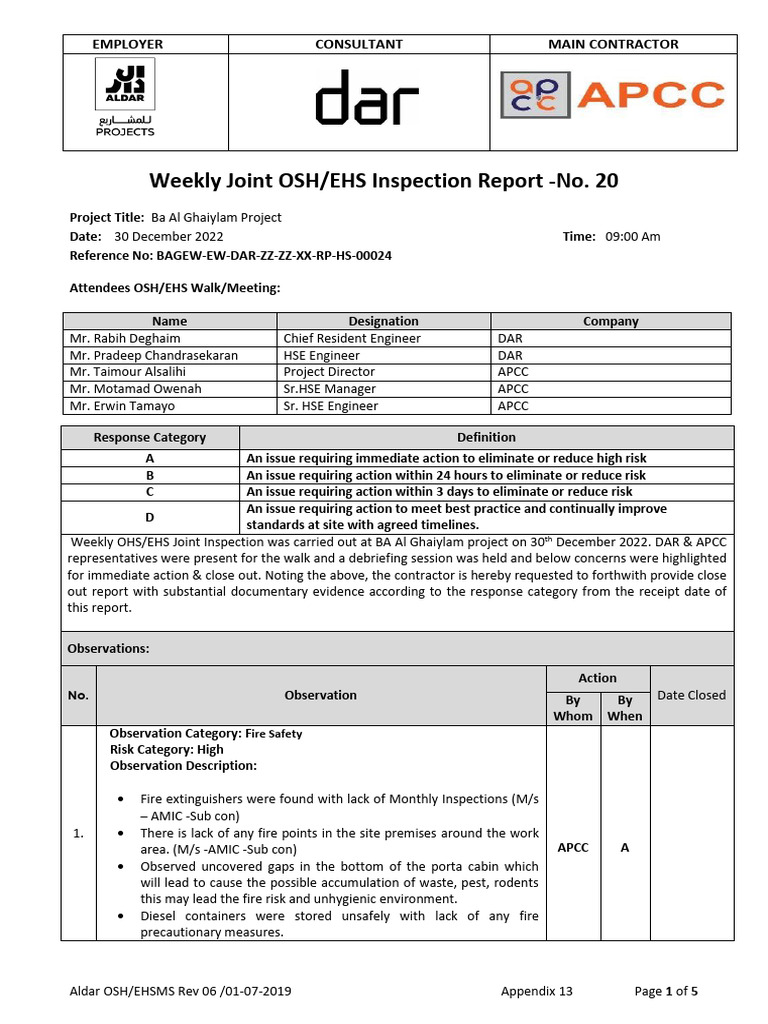 OSH EHS Joint Inspection-30.12.2022 | PDF | Safety