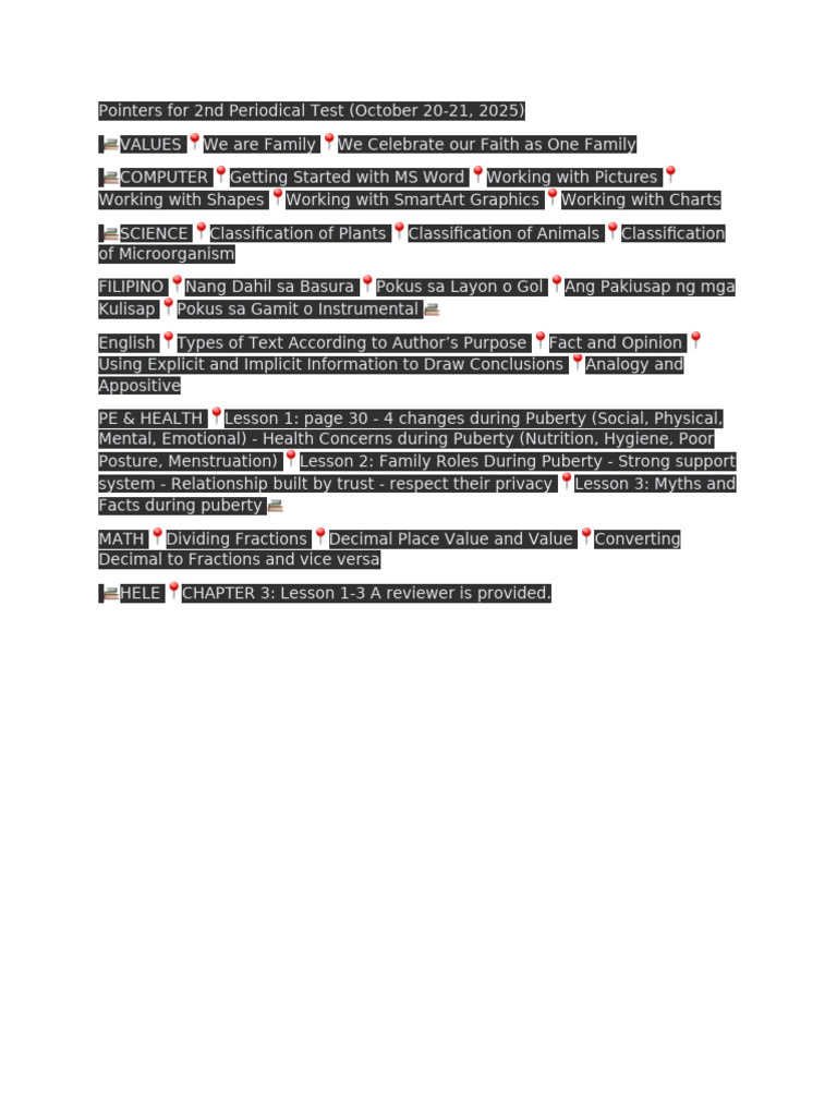 Pointers For 2nd Periodical Test | PDF